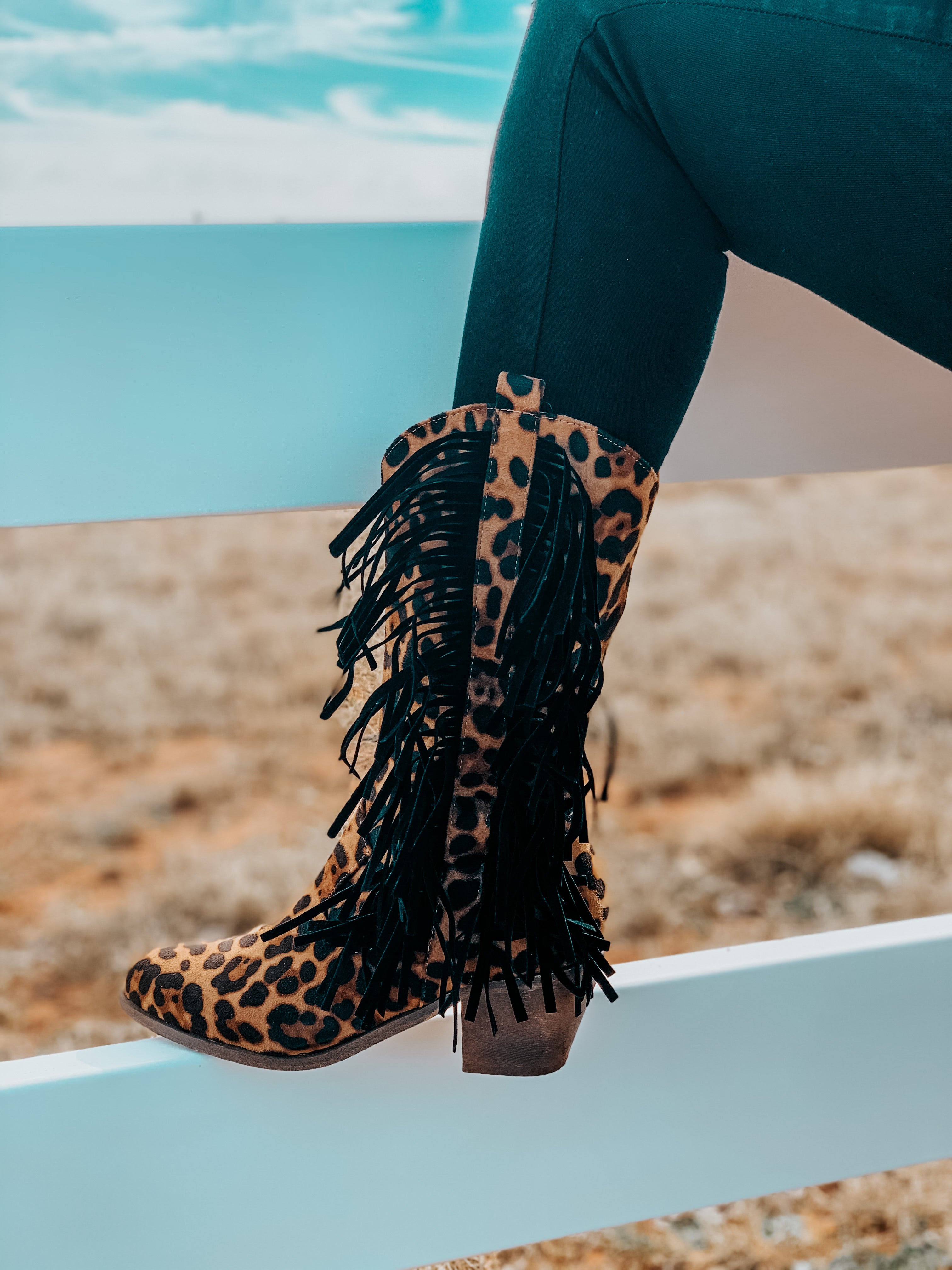Leopard & Black Fringe Boots